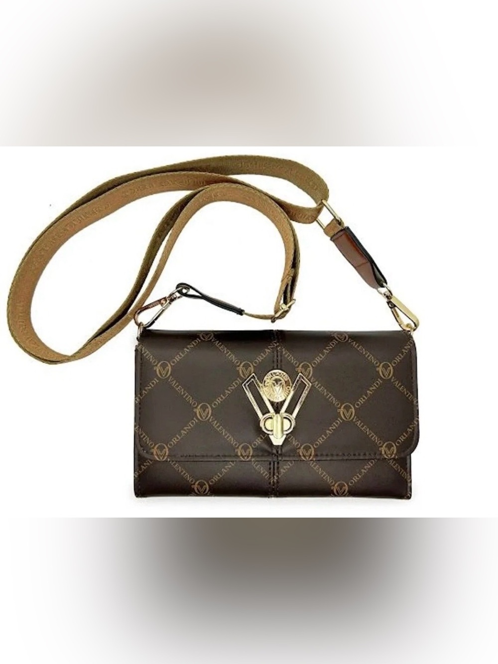 NWT Valentino Orlandi Brown Monogram Crossbody Bag with Gold Hardware